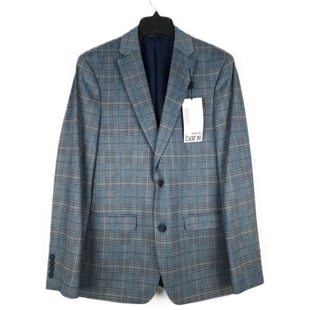 Bar III Mens Slim Fit Sport Coat Blazer 36R Blue Tan Plaid Stretch Knit NWT